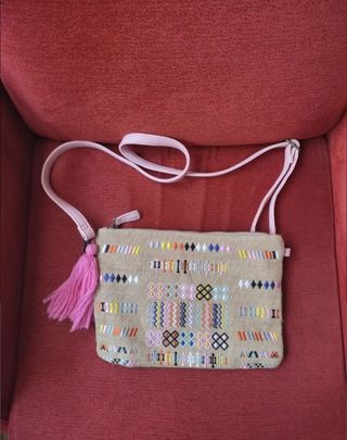 Bolso rafia beige y rosa