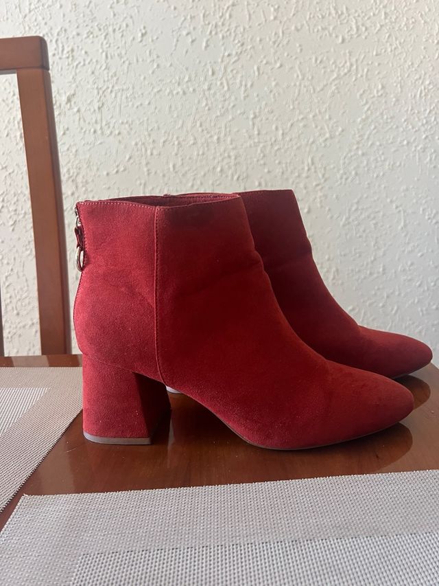 Botines rojos naranja de ante - tacón bajo
