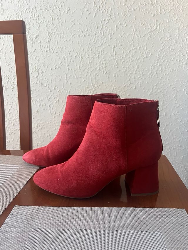 Botines rojos naranja de ante - tacón bajo