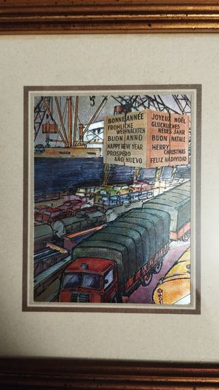 Coppia di quadretti tema attività portuali d'epoca