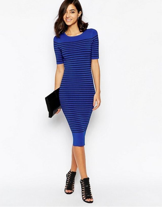 Vestido azul a rayas talla dos elastico, midi