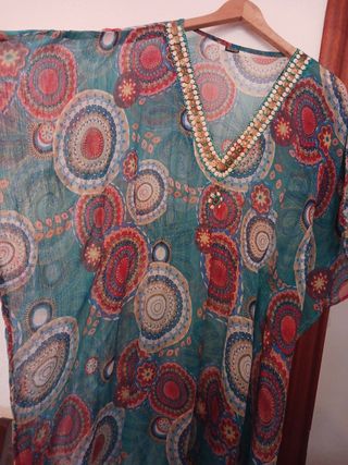 vestido caftan viscosa India vintage turquesa 