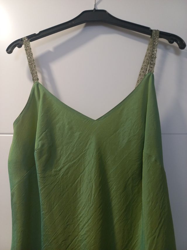 Vestido de fiesta largo verde manzana tornasolado