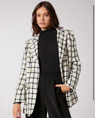 Blazer cuadros tweed blanco-negro-hilo dorado 