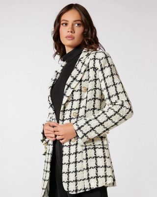 Blazer cuadros tweed blanco-negro-hilo dorado 