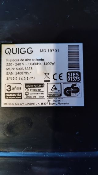 Freidora de aire Quigg