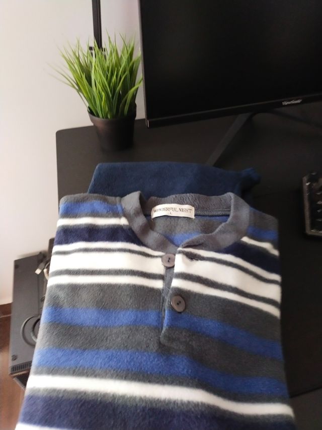 Pijama franela a rayas azul-gris - Talla S