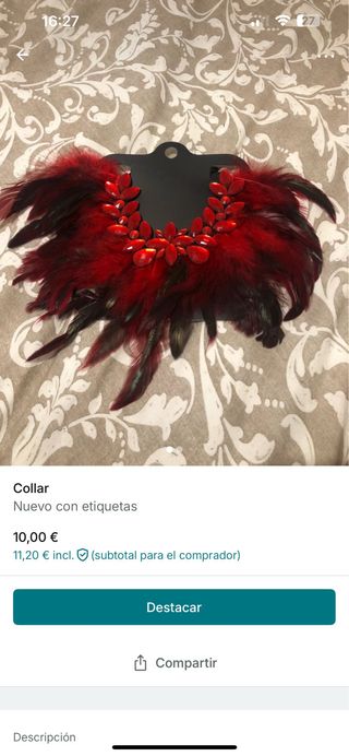 Collar plumas rojo | Nuevo