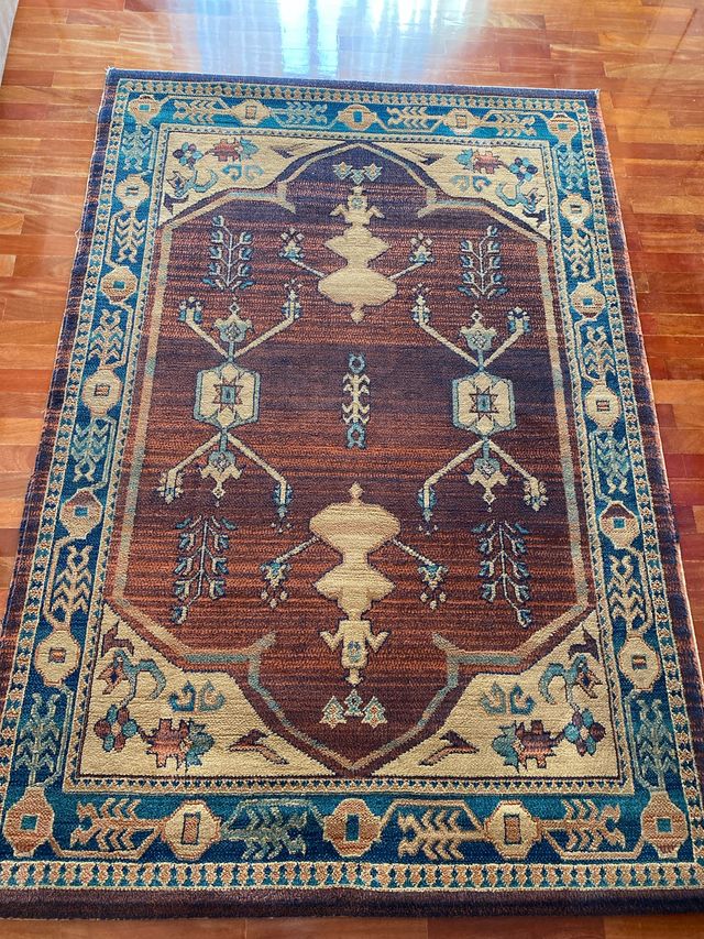 Alfombra lana azul y marrón 2 m largoX 1,35 ancho