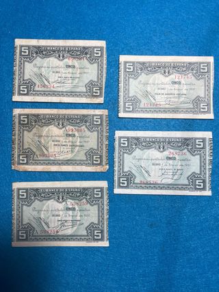 5 Billetes DIFERENTES 5 pesetas 1937 BILBAO