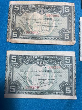 5 Billetes DIFERENTES 5 pesetas 1937 BILBAO