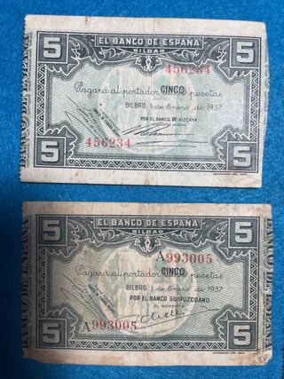 5 Billetes DIFERENTES 5 pesetas 1937 BILBAO