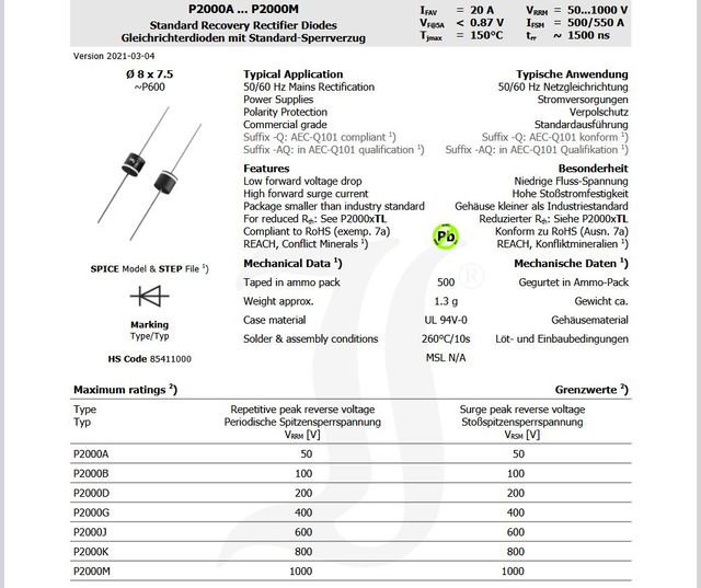Diodo rectificador P2000M 20A 1000V - Bolsas 25un.