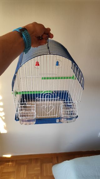 Jaula pájaros azul y blanca