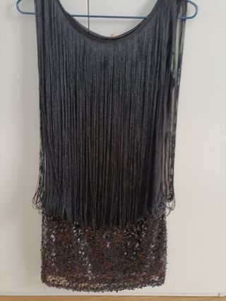 Vestido Fiesta Negro Flecos Pedreria forrado 