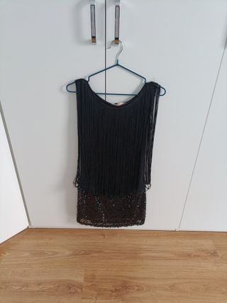 Vestido Fiesta Negro Flecos Pedreria forrado 