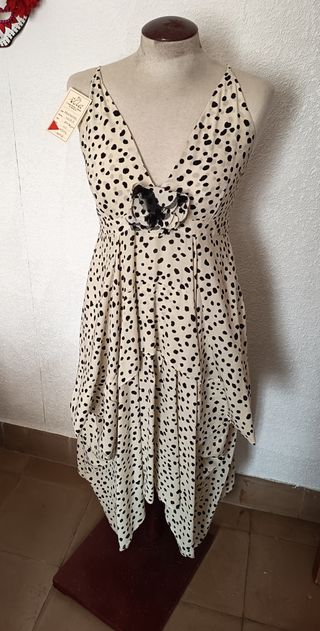 Vestido vintage mujer beige con lunares negros