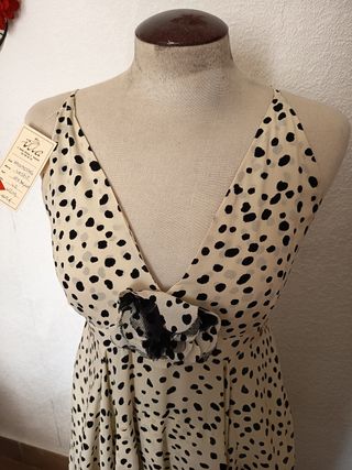 Vestido vintage mujer beige con lunares negros