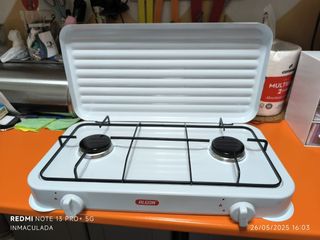 Hornillo gas2 fuegos Alcon con 1,5 goma y alcachof
