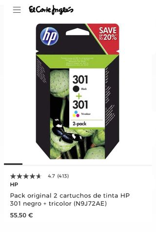 4 PACK Cartuchos de tinta HP 301 Negro+Tricolor