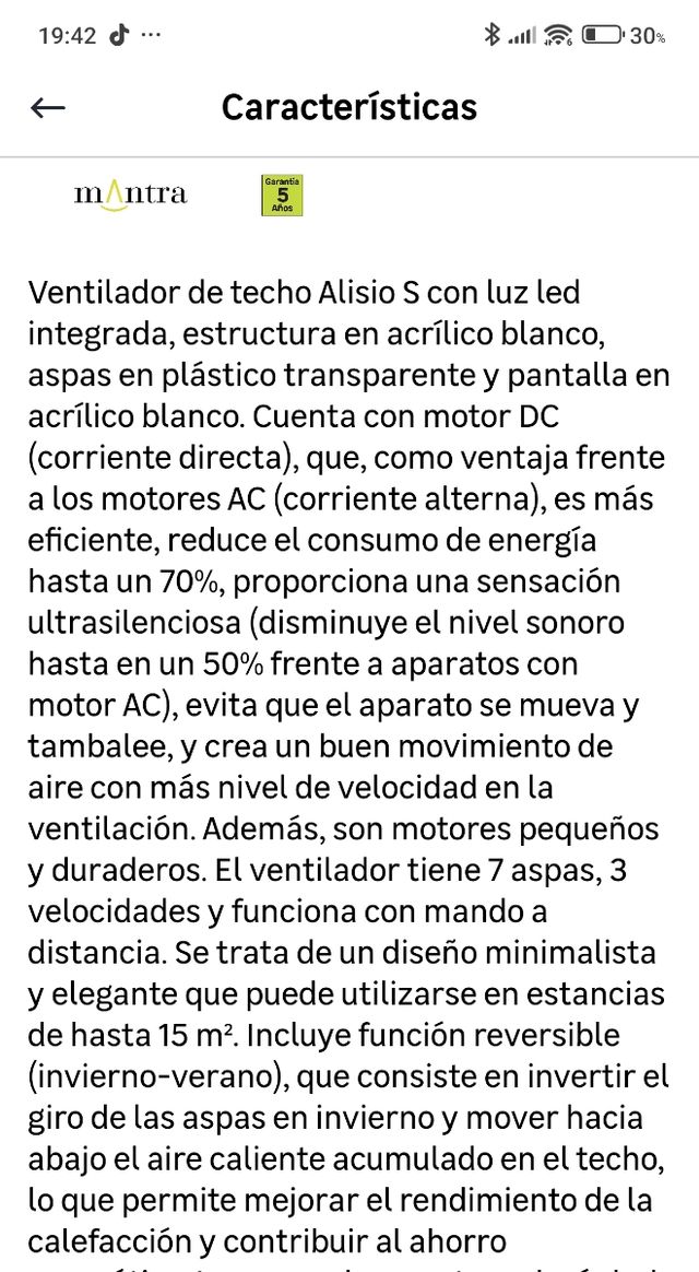 Mantra Alisio ventilador de teto branco com luz DC