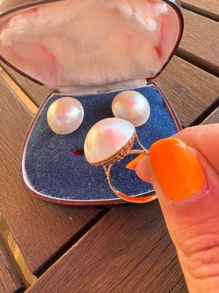 conjunto de Pendientes y anillo perla japonesa oro
