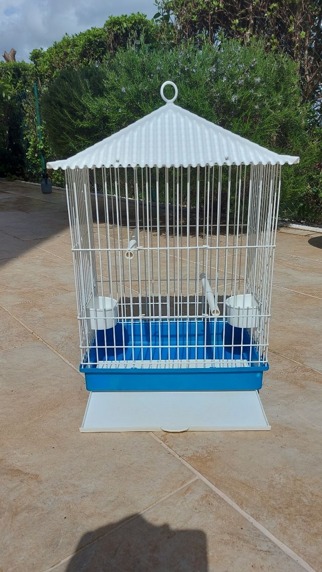 Gaiola de pássaros branca e azul