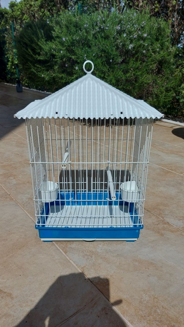 Gaiola de pássaros branca e azul
