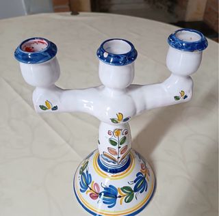 Candelabro cerámico azul y blanco