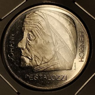 Moneda Suiza 5 Francos 1977 Pestalozzi
