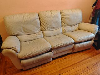 Sofá relax cuero beige 3 plazas