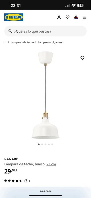 Lampara techo Ikea Ranarp 23cm blanca