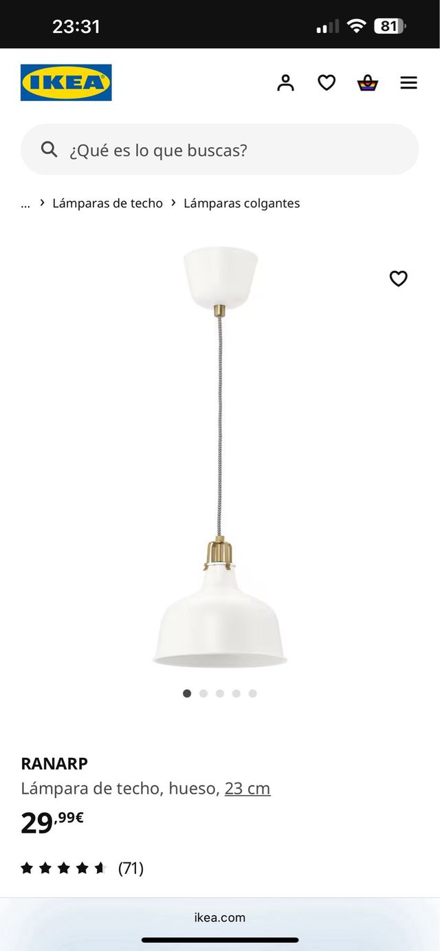 Lampara techo Ikea Ranarp 23cm blanca