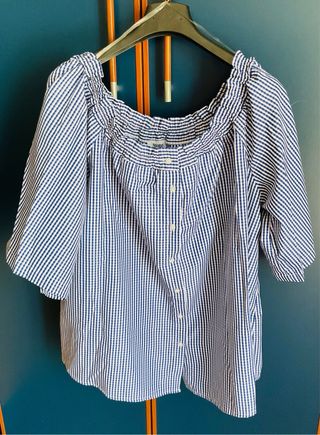 Blusa scollata quadretti blu bianco