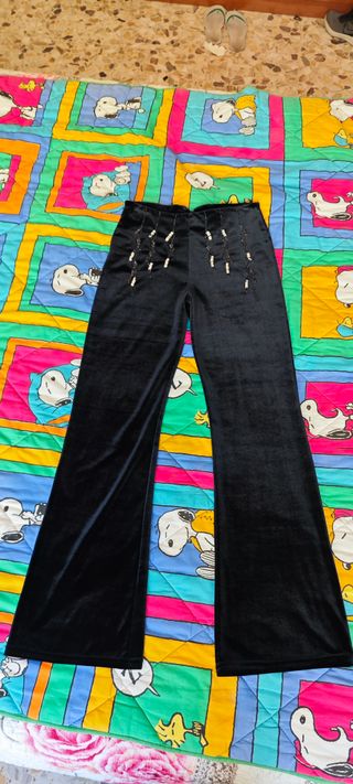 Pantaloni velluto aderenti strass ricamati argento