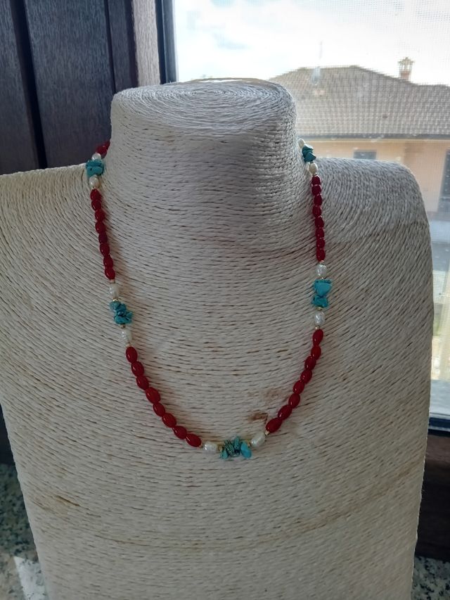 Collana corallo,turchese ,perle argento 925