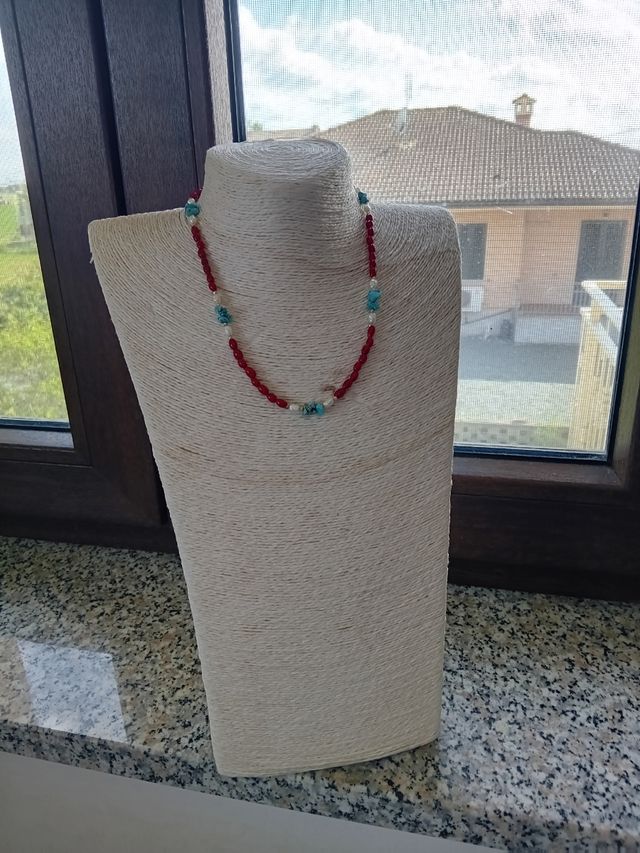 Collana corallo,turchese ,perle argento 925