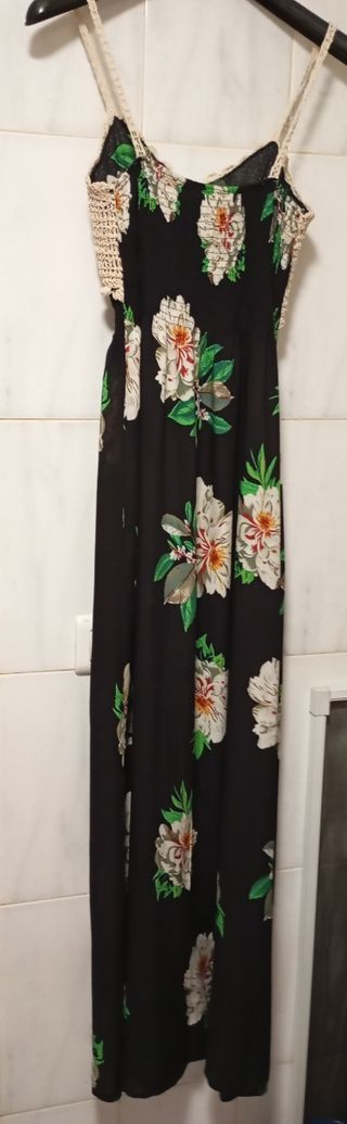 Vestido crochet flores - Negro Beige