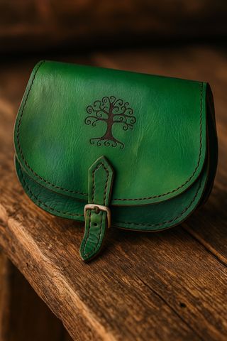 Bolso cuero artesanal verde con árbol de la vida