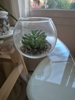 Maceta de cristal con cactus artificial