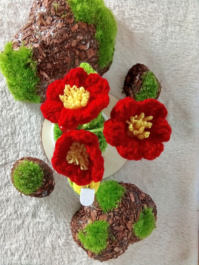 Planta de flores rojas de crochet con adornos