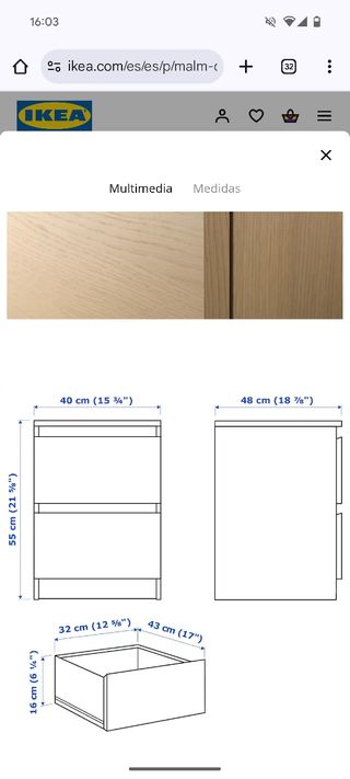 Mesita noche MALM Ikea- Color Roble