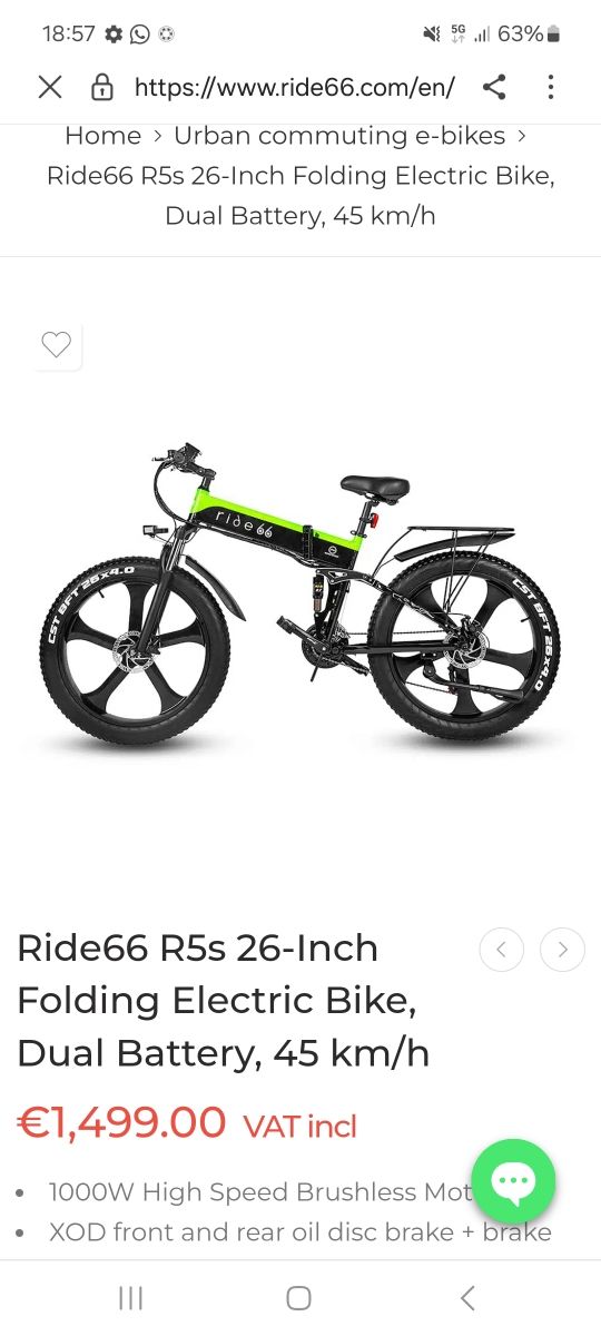 Bicicleta eléctrica Ride66 R5 1000W de segunda mano por 900 EUR