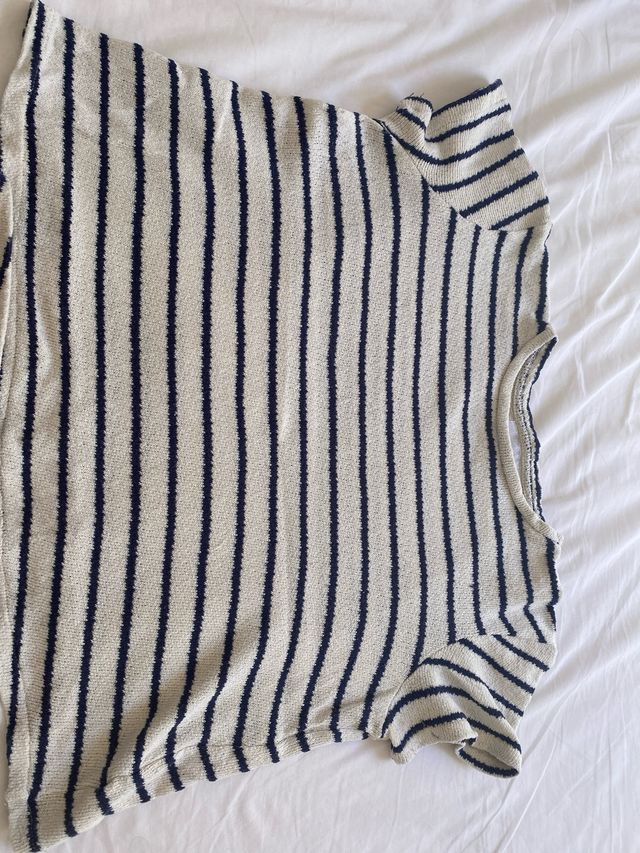 Conjunto rayas premamá beige-azul.