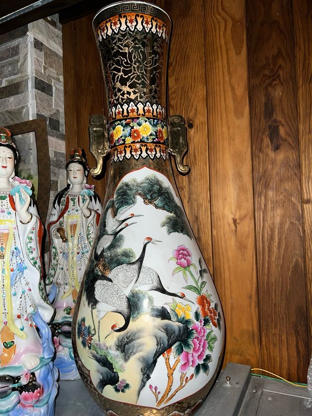 Jarrón porcelana dorado | Aves y flores