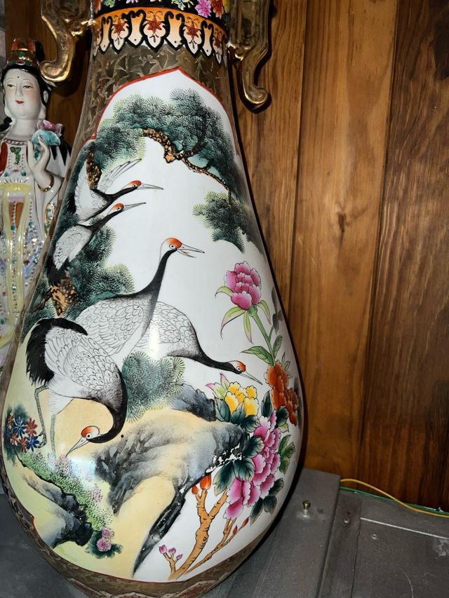 Jarrón porcelana dorado | Aves y flores