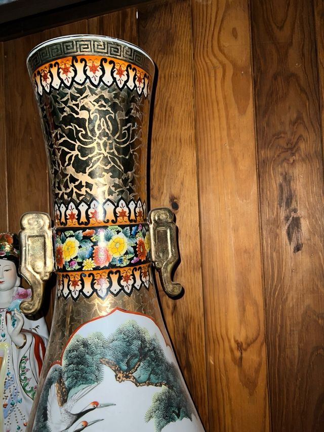 Jarrón porcelana dorado | Aves y flores