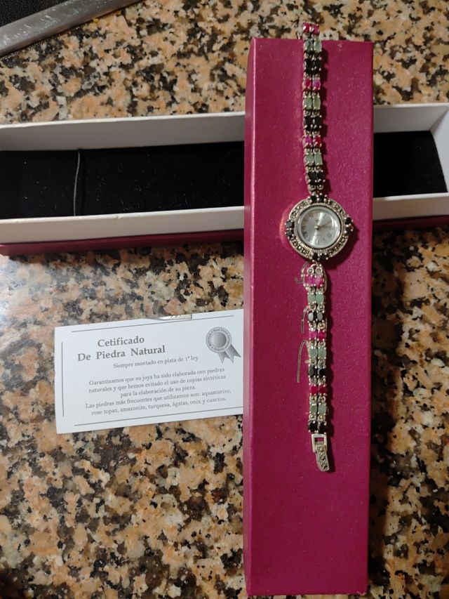 Reloj mujer plata piedras rosas