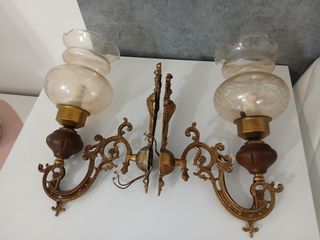 Antica Coppia Lampade Applique in Legno Vetro e Ot