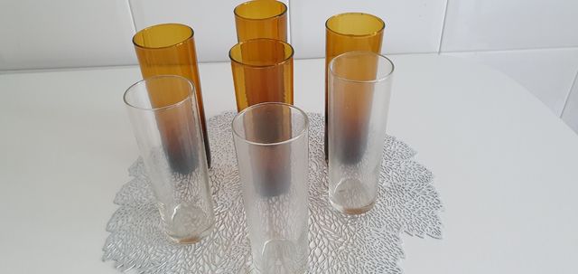 7 Vasos tubo de cristal âmbar e transparentes